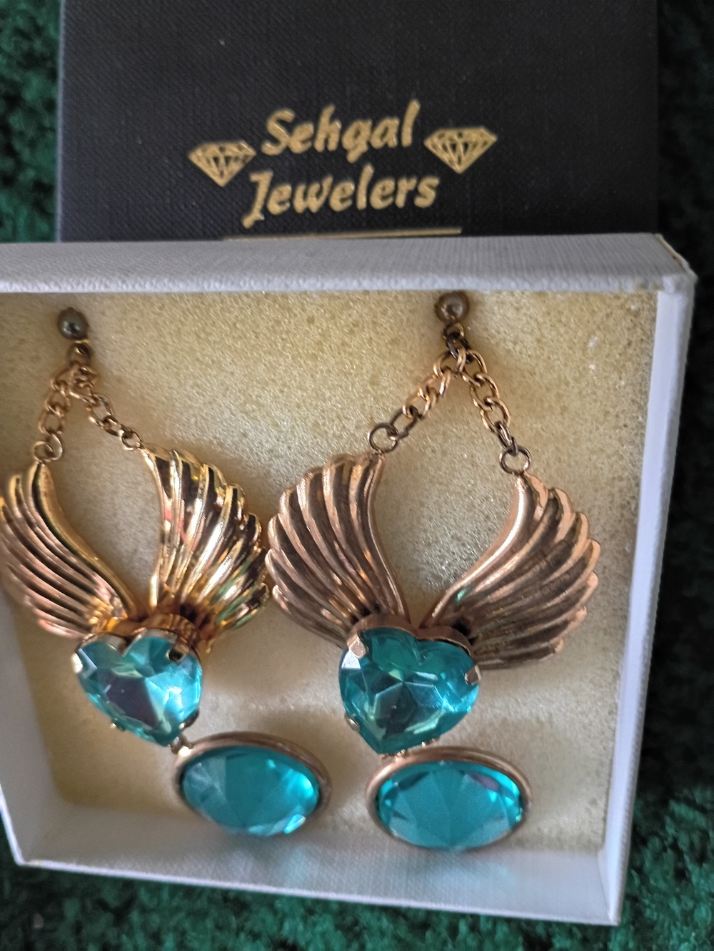 Sehgal Jewelers Gold-Tone Winged Earrings with Teal Stones